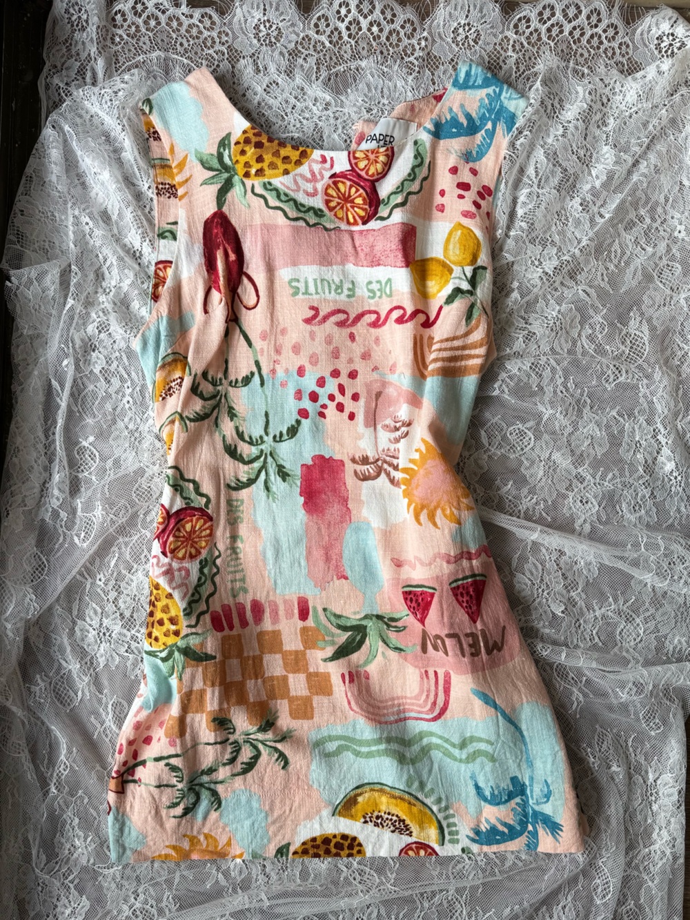 Women’s Linen Blend Mini Dress in Pastel Fruit Print